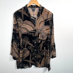 Citron Santa Monica Silk Blend Button Up Shirt Sz 1X Black Tan Flowy Boho Casual